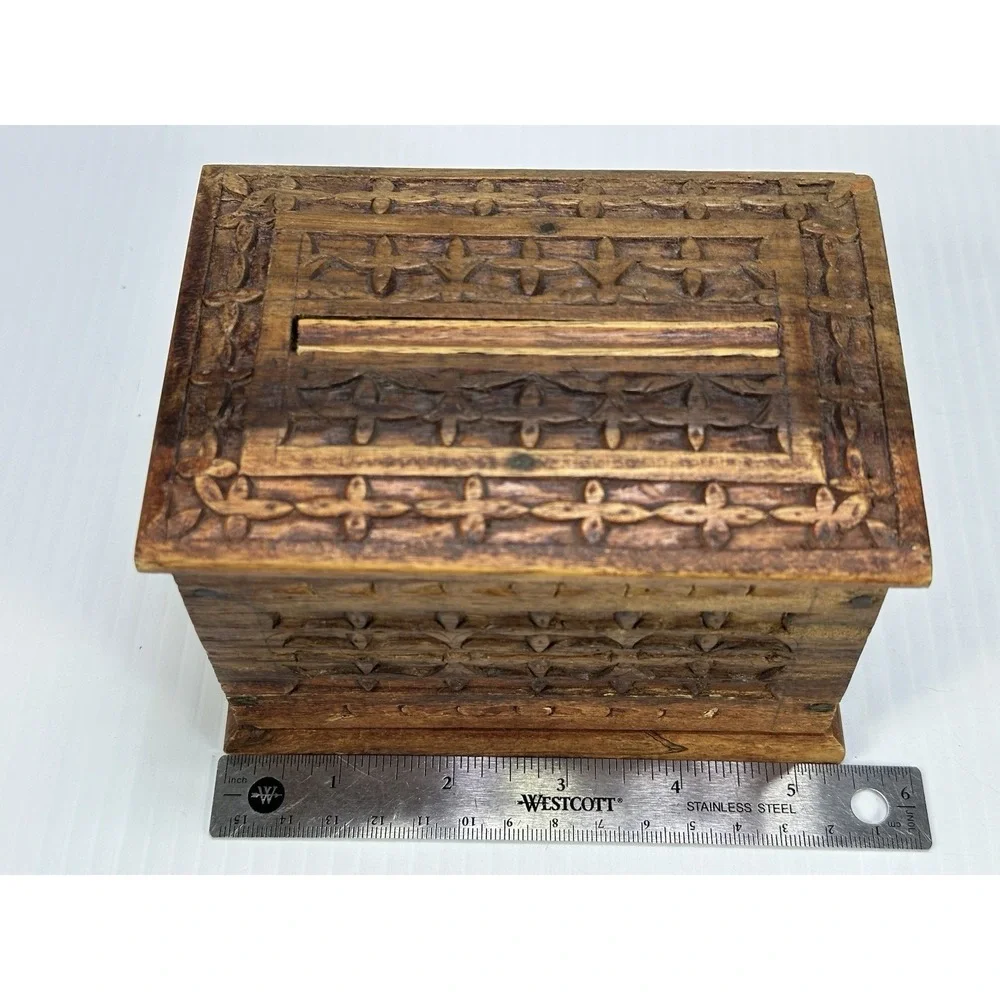 VTG Wood Hand Crafted‎ Carved Cigarette Case Holder Dispenser Magic Box